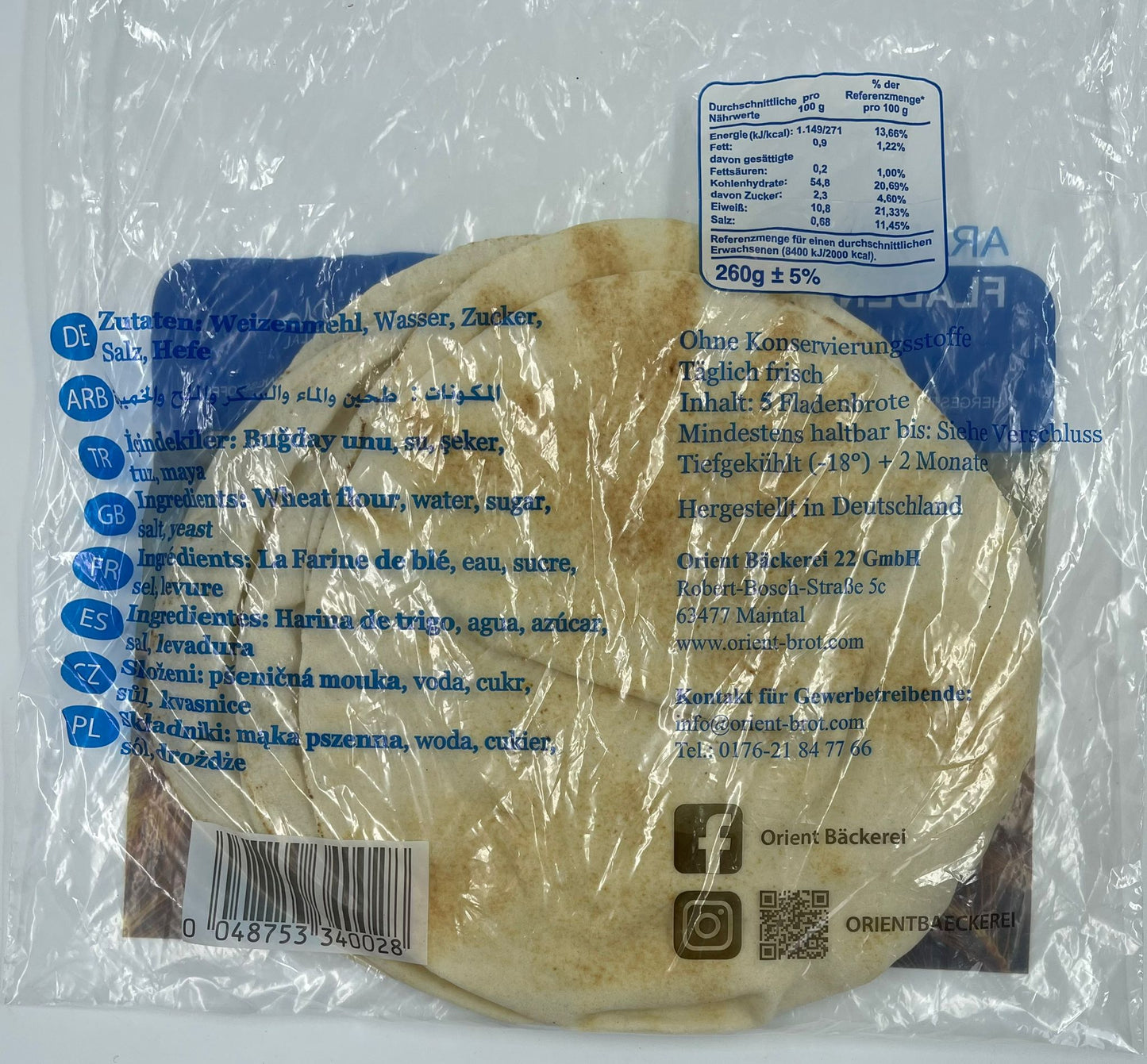 Orient Bäckerei Arabisches Fladenbrot Blau – Frisches Halal Brot (5 Stück, Ø 22–23 cm)
